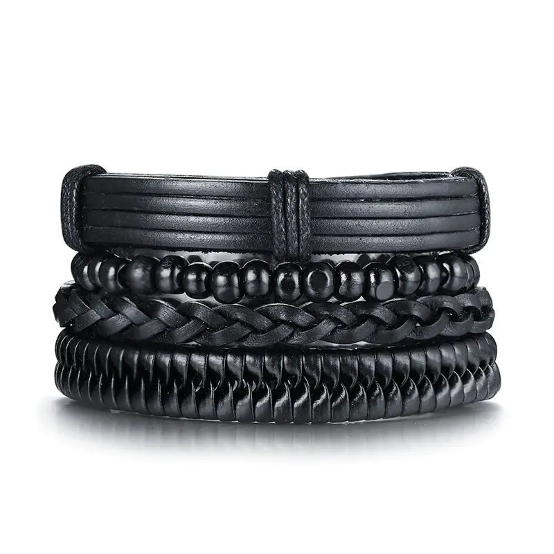 Black Leather Bracelets with Wooden Beads