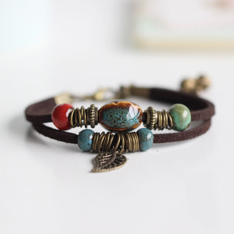 Vintage Ethnic Ceramic Beads on Cowhide Rope Bracelet