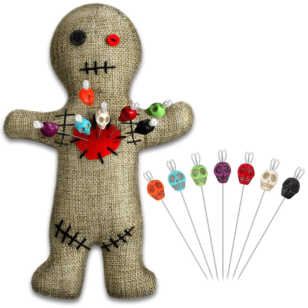 Kathfly 8 Pcs Voodoo Doll Set Include Horror Doll 7 Pcs Skull Pins Ghost Doll Soft Revenge Dammit Creepy Dolls Pin Holder Voodoo Resin Metal Straight Pins Stress Relieving(Flaxen)