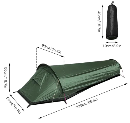 Tente d'alpinisme légère une place avec sac de couchage, vert armée
