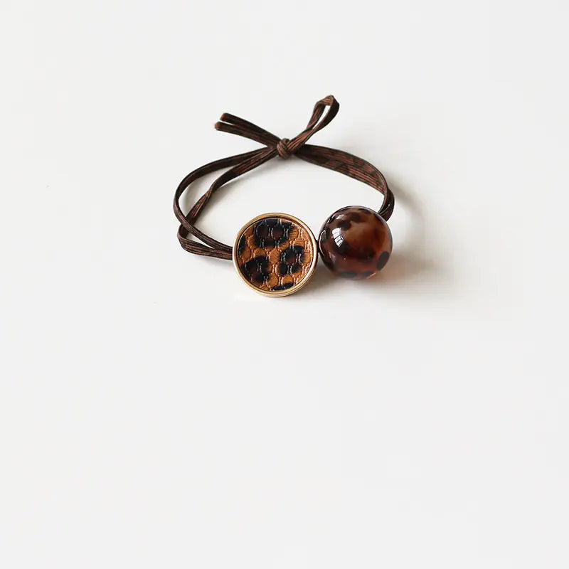 Retro Leopard Print Hair Tie with Beads for Women