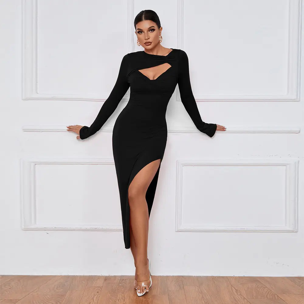 Women's Cutout Long Sleeve High Slit Dress