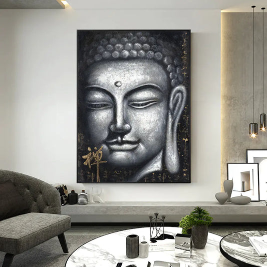 Modern Vintage Silver Buddha Oil Painting Print Decor