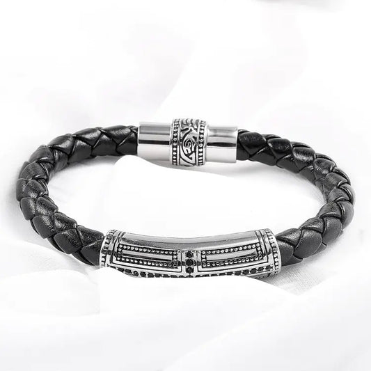 Stainless Steel Bracelet with Leather Rope Design