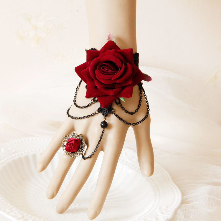 Halloween Red Rose Tassel Bracelet and Ring Set