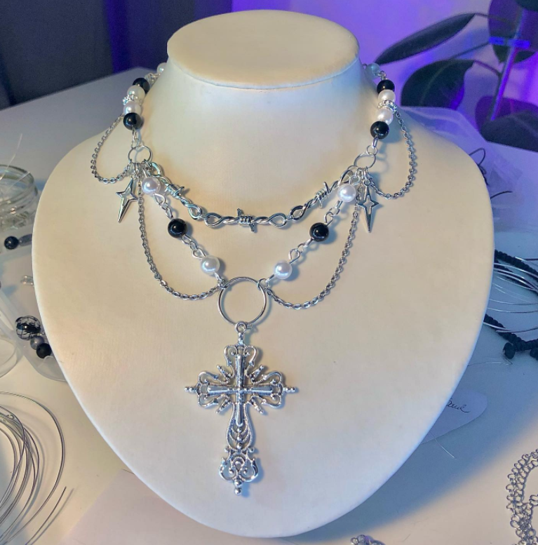Women's Multi-layer Imitation Pearl Cross Necklace
