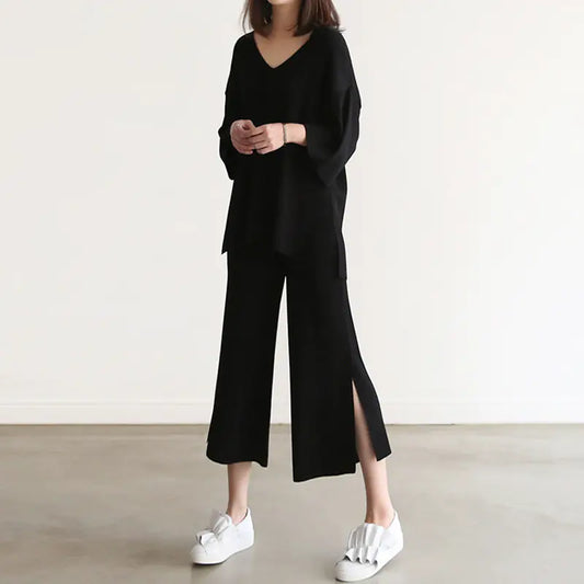 브이넥 블라우스 와이드 팬츠 패션 세트