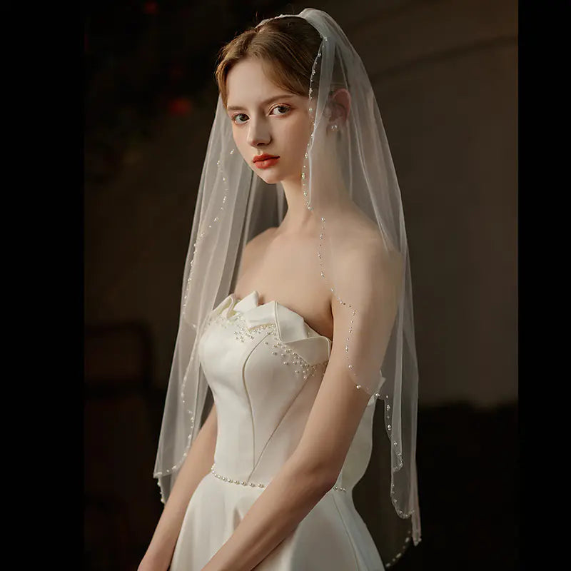 V737 뉴 웨이브 엣지 베일 비즈 장식 신부 헤어피스