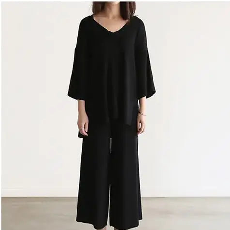 V-neck Blouse and Wide-leg Pants Fashion Set