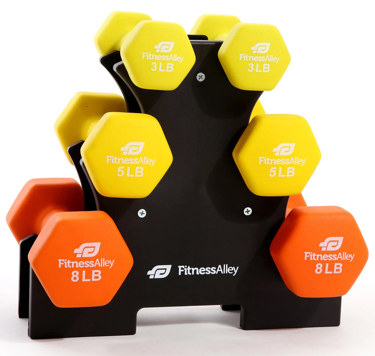 Haltères en néoprène Fitness Alley avec support en A - Poids libres hexagonaux - Kit d'exercice pour la salle de sport, 3 paires (1,4 kg, 2,3 kg, 3,6 kg) avec support en plastique à 3 niveaux