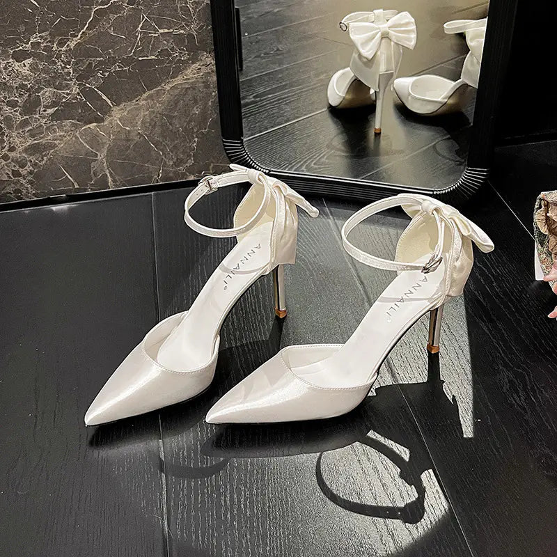 Women's Satin White Wedding Heels with Bow