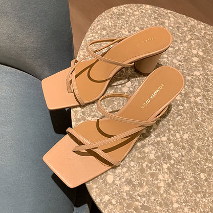 Thick Heel Cross Strap Half Slippers