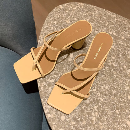 Thick Heel Cross Strap Half Slippers