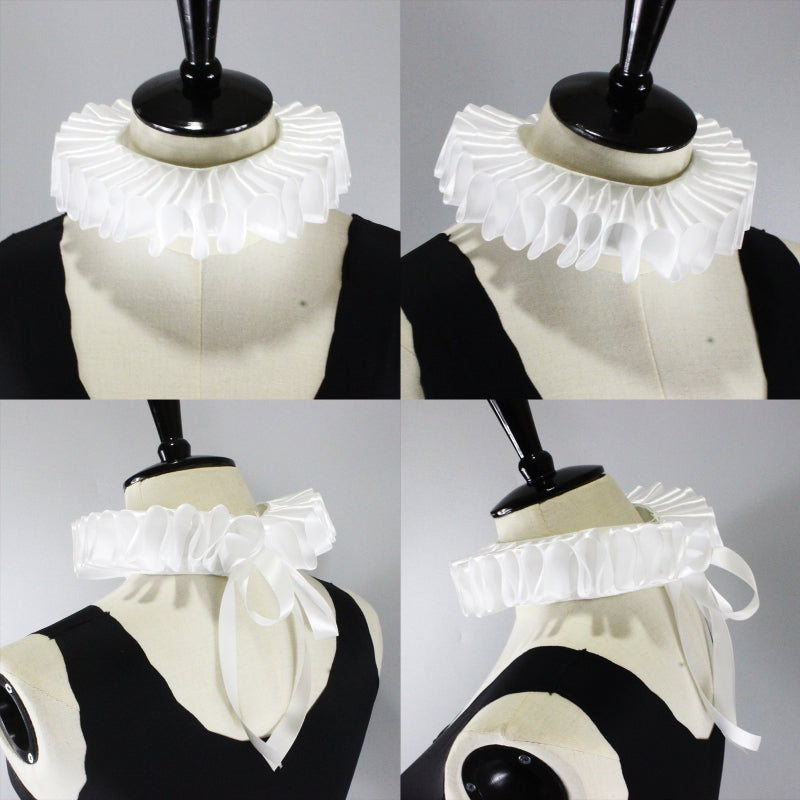Victorian Ribbon Bow Ruffled White Satin Collar Choker