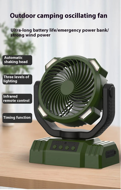 Ventilateur de camping extérieur avec batterie externe et lumière LED