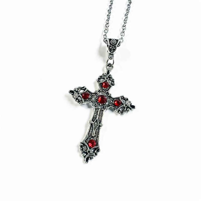 Large Baroque Silver Cross Necklace with Crystals