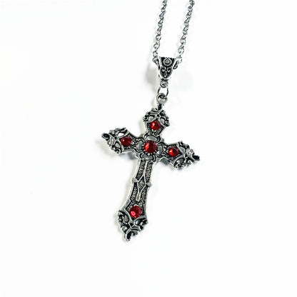 Large Baroque Silver Cross Necklace with Crystals