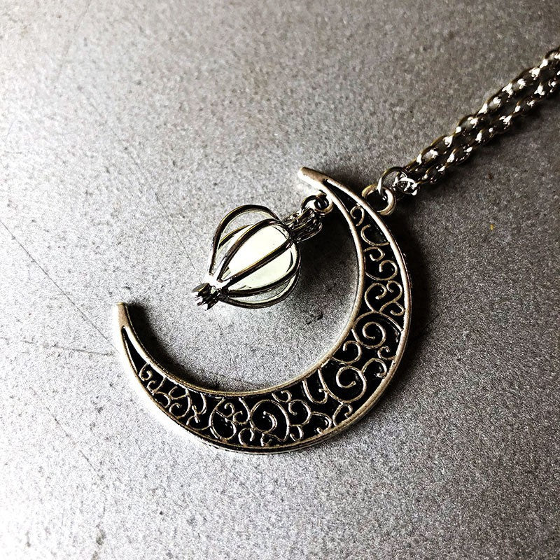 Halloween Hollow Moon Necklace with Heart Birdcage Pendant