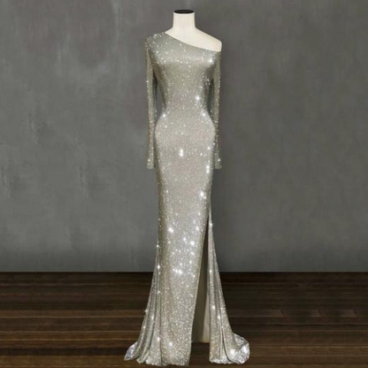 Asymmetrical Glitter Evening Dress