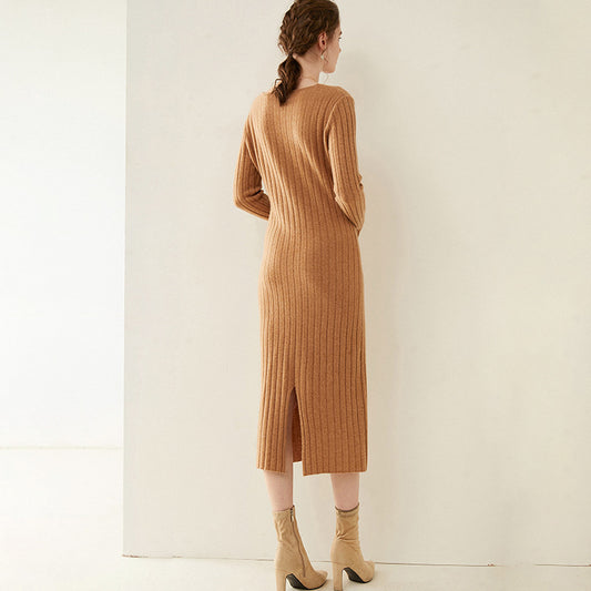 Knee-Length Knit Dress in Wool and Cashmere Blend