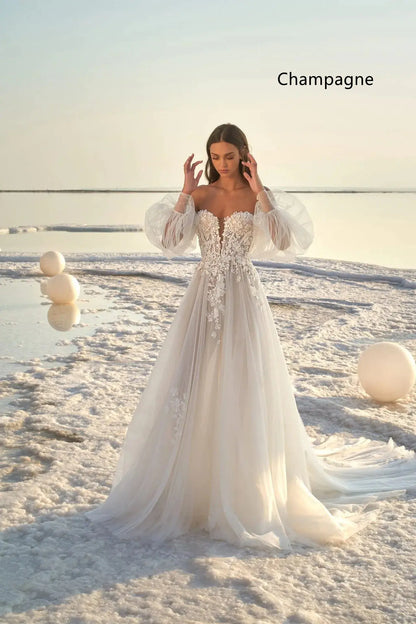 Robe de mariée de plage à manches bouffantes