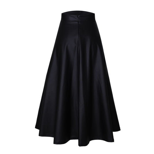 Women's Mid-Length Black PU Leather Skirt