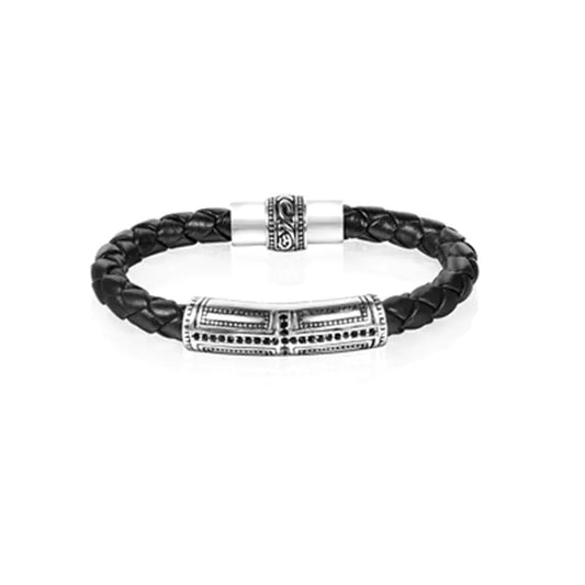 Stainless Steel Bracelet with Leather Rope Design