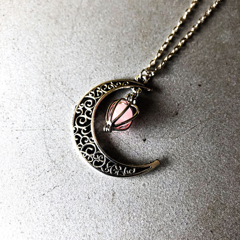 Halloween Hollow Moon Necklace with Heart Birdcage Pendant
