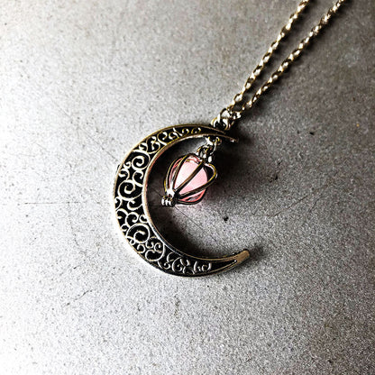 Halloween Hollow Moon Necklace with Heart Birdcage Pendant