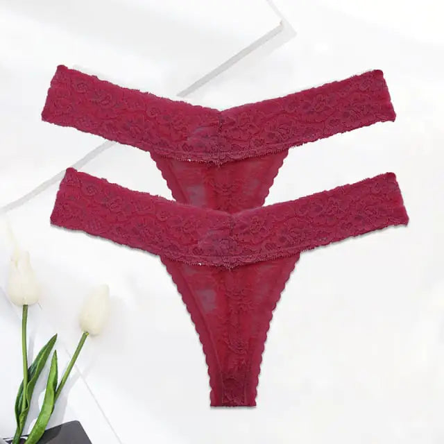 Ladies Solid Color Lace Thong Panties