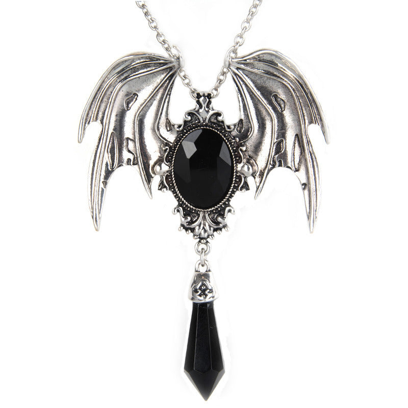 Gothic Necklace with Victorian Bat Wings and Gemstone