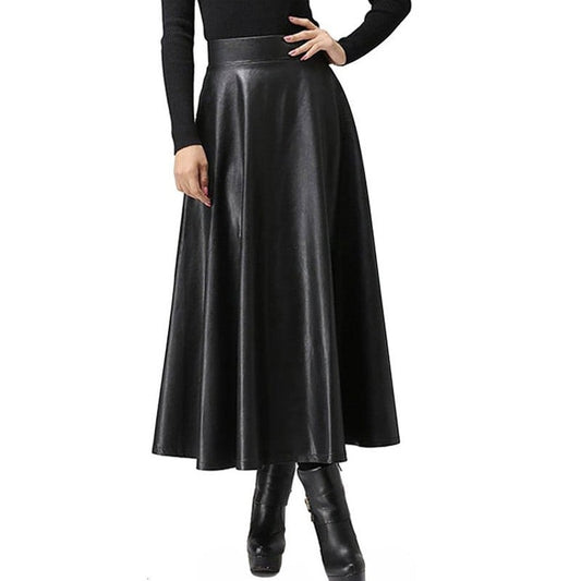 Women's Mid-Length Black PU Leather Skirt