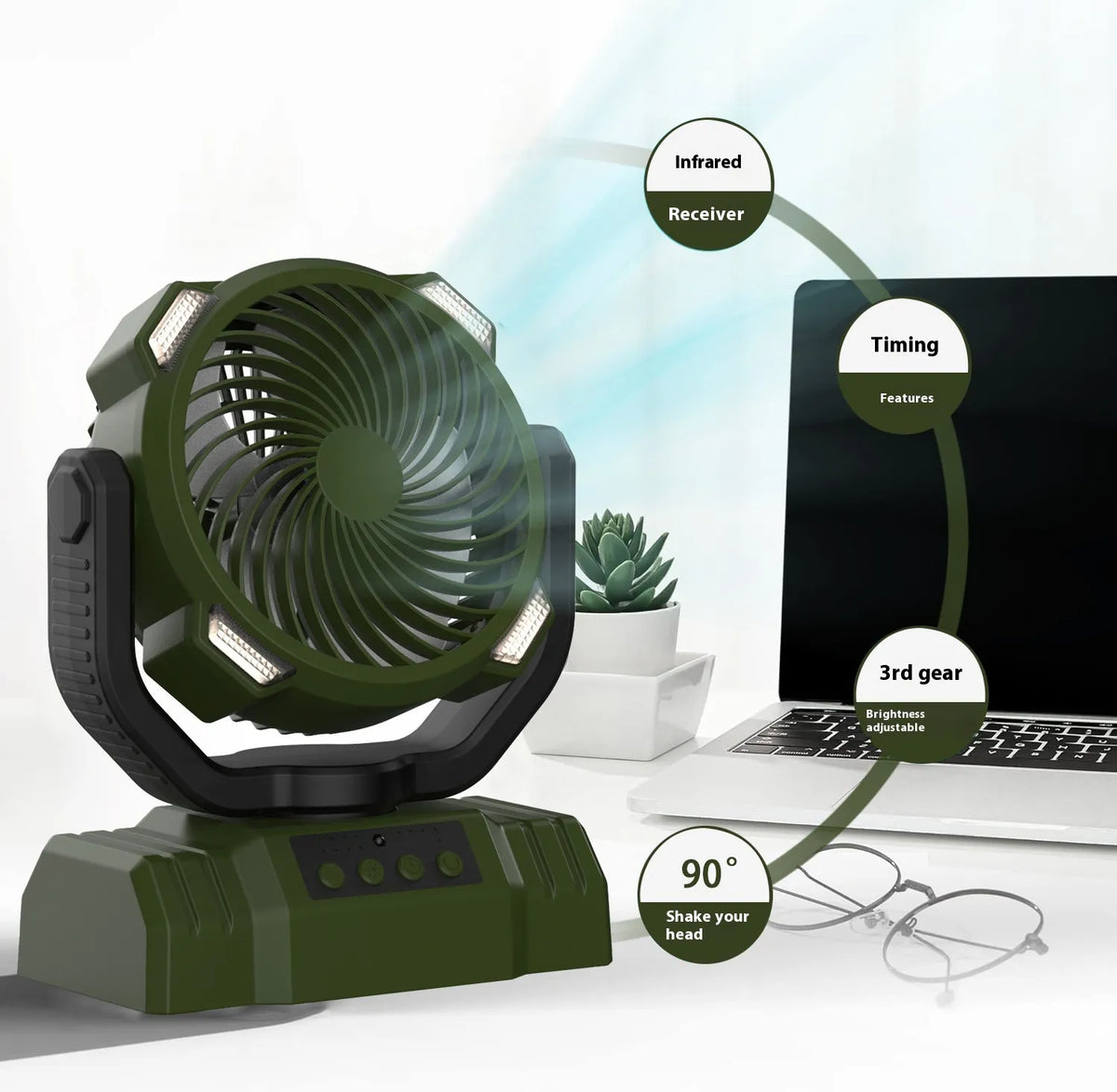 Ventilateur de camping extérieur avec batterie externe et lumière LED