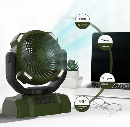 Ventilateur de camping extérieur avec batterie externe et lumière LED
