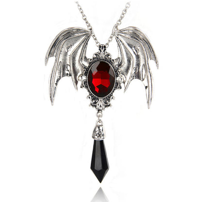 Gothic Necklace with Victorian Bat Wings and Gemstone