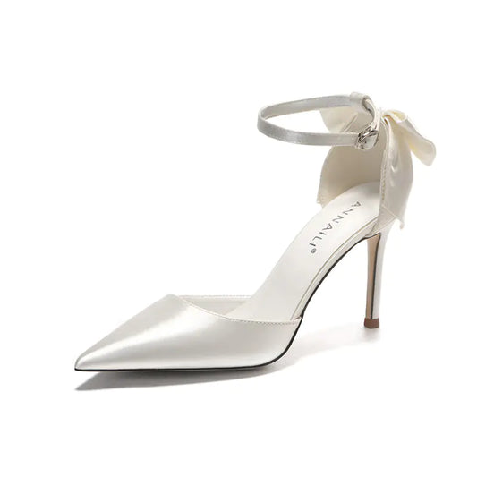 Women's Satin White Wedding Heels with Bow
