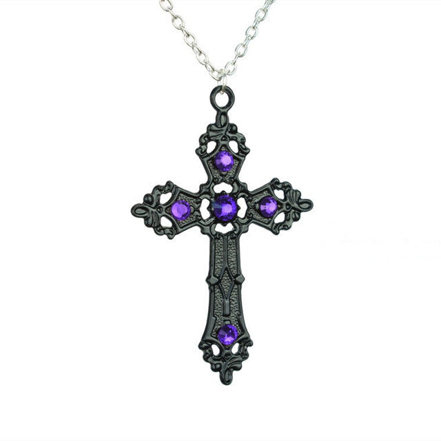 Large Baroque Silver Cross Necklace with Crystals