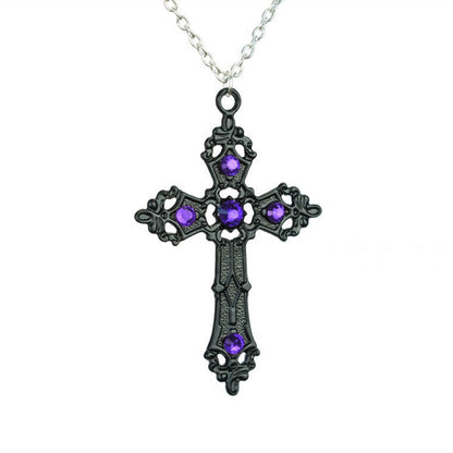 Large Baroque Silver Cross Necklace with Crystals