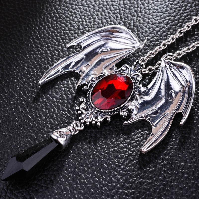 Gothic Necklace with Victorian Bat Wings and Gemstone