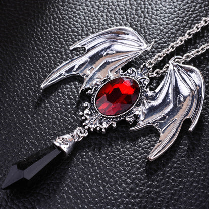 Gothic Necklace with Victorian Bat Wings and Gemstone