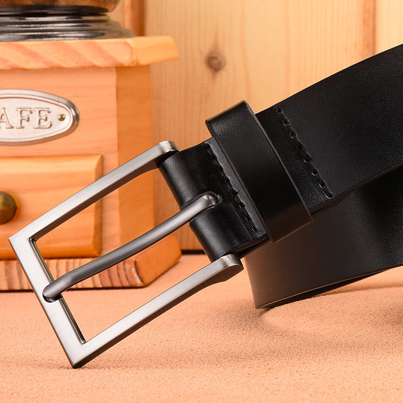 High Quality Black Cowhide Leather Belt with Antique Buckle