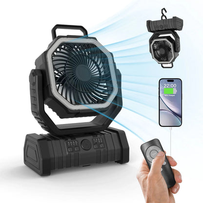 Ventilateur de camping extérieur avec batterie externe et lumière LED