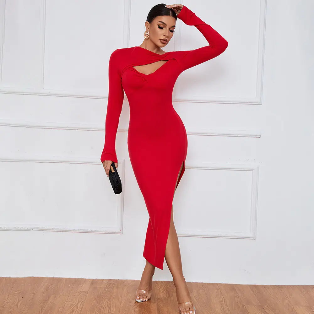 Women's Cutout Long Sleeve High Slit Dress