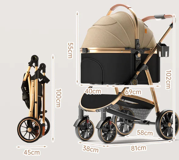Poussette de luxe pour chien de taille moyenne - Cadre pliant en aluminium