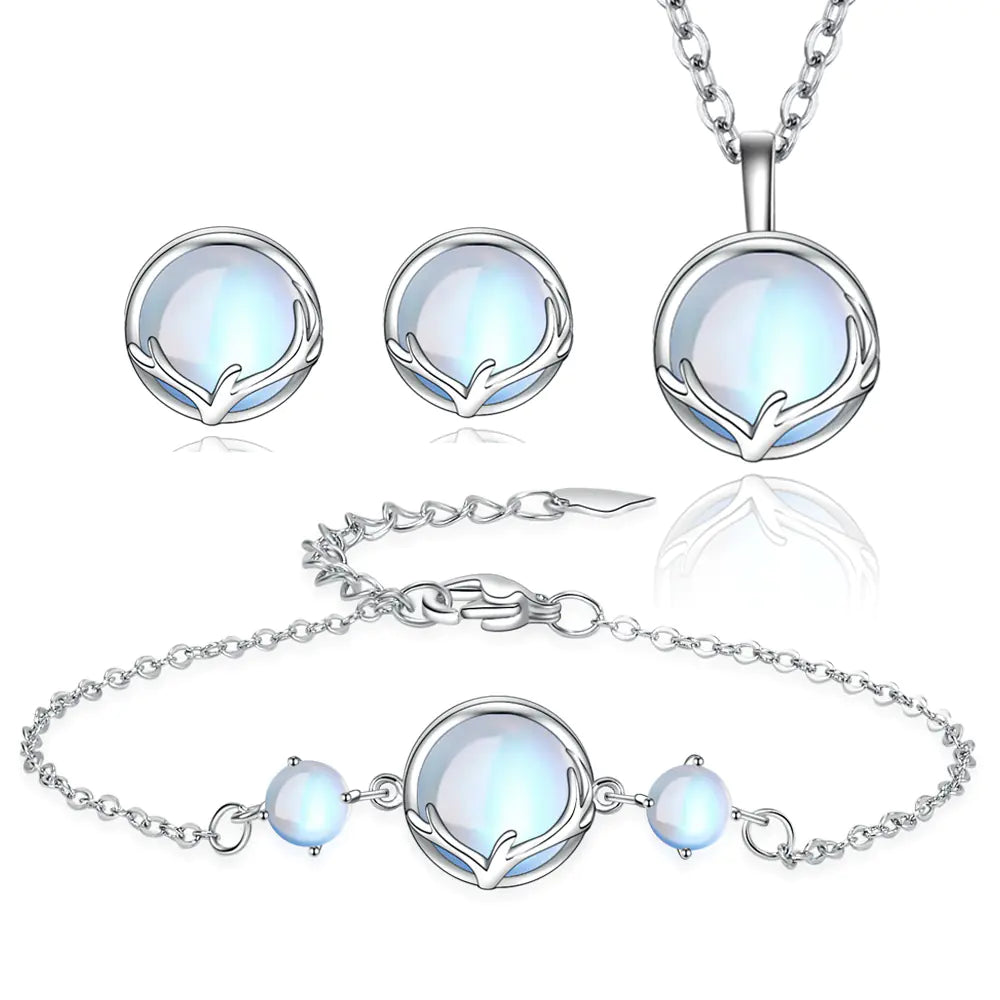 Deer Charm Necklace and Moonstone Jewelry Set