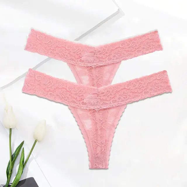 Ladies Solid Color Lace Thong Panties