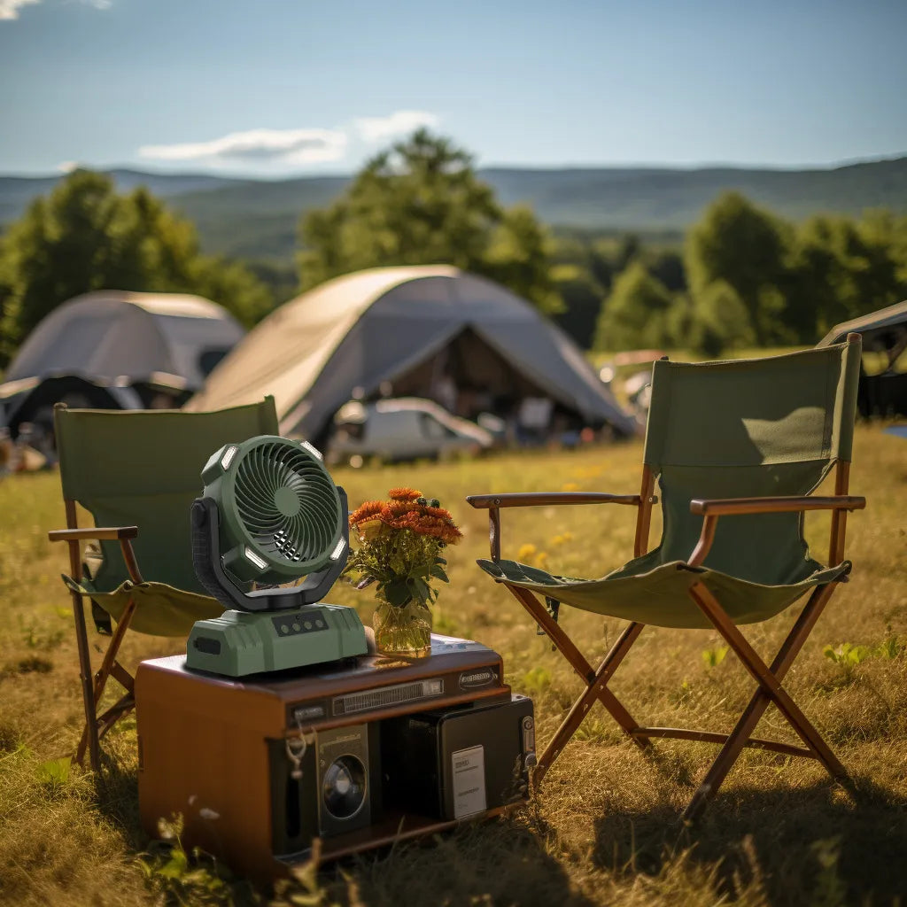 Ventilateur de camping extérieur avec batterie externe et lumière LED