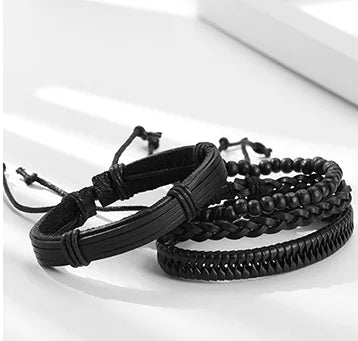 Black Leather Bracelets with Wooden Beads