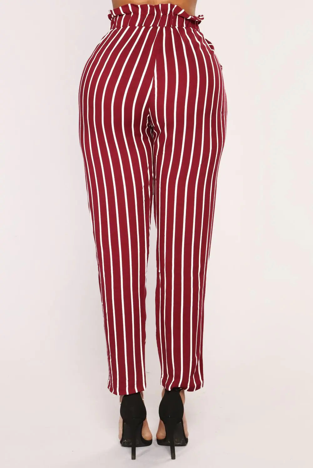 Black Striped Mid-Waist Pants with Bow for Women