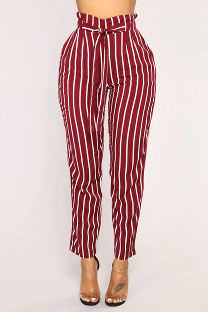Black Striped Mid-Waist Pants with Bow for Women